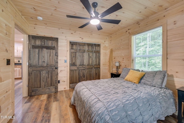 455 Okey Mowell Rd, Kingsport, TN 37660 - bedroom featuring wood walls, wood finished floors, wood ceiling, a closet, and ceiling fan