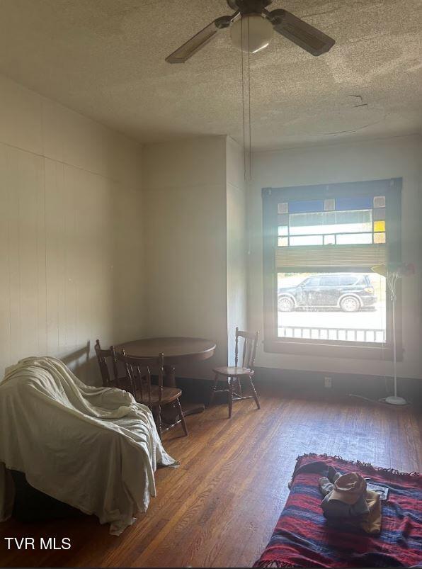 501 Moore St, Bristol, VA 24201 - sitting room featuring wood finished floors, a textured ceiling, and ceiling fan