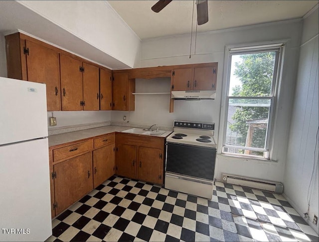 501 Moore St, Bristol, VA 24201 - kitchen featuring freestanding refrigerator, range with electric stovetop, a baseboard heating unit, light flooring, and under cabinet range hood
