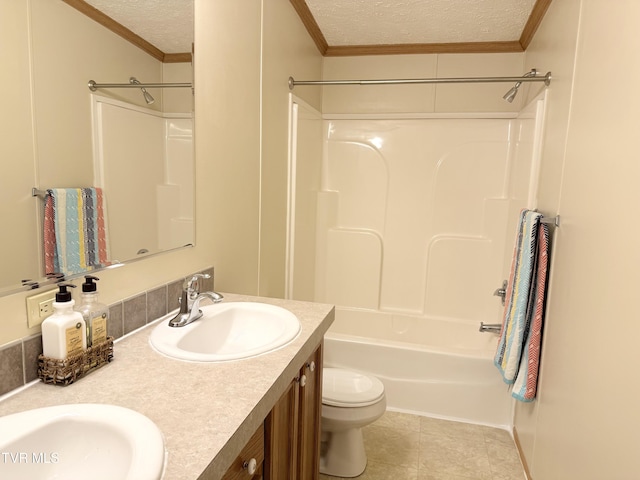 1761 Corby Bridge Rd, Chuckey, TN 37641 - bathroom featuring a textured ceiling, ornamental molding, double vanity, toilet, and bathing tub / shower combination