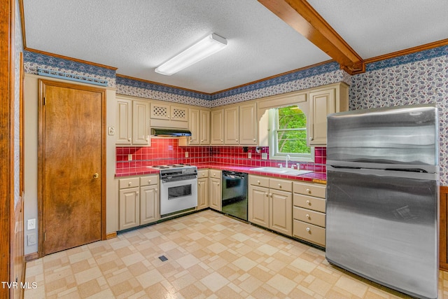 1605 Ryder Church Rd, Bluff City, TN 37618 - kitchen featuring freestanding refrigerator, electric stove, black dishwasher, tile counters, and cream cabinetry