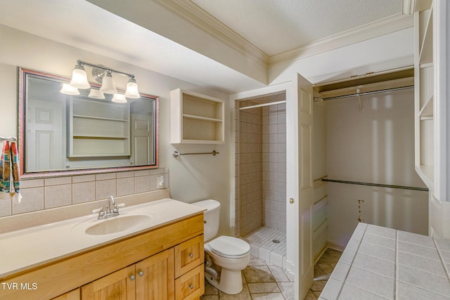 1605 Ryder Church Rd, Bluff City, TN 37618 - bathroom featuring ornamental molding, a stall shower, vanity, tile patterned flooring, and decorative backsplash