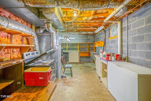 1605 Ryder Church Rd, Bluff City, TN 37618 - unfinished basement with refrigerator and concrete block wall