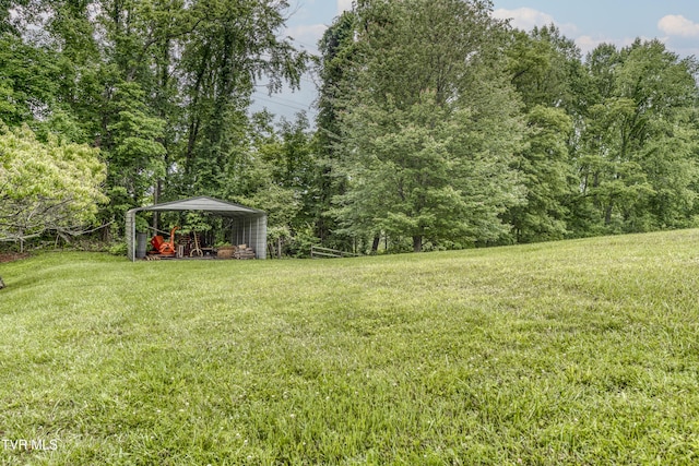 22319 Campground Rd, Bristol, VA 24202 - view of green lawn with a detached carport and a forest view