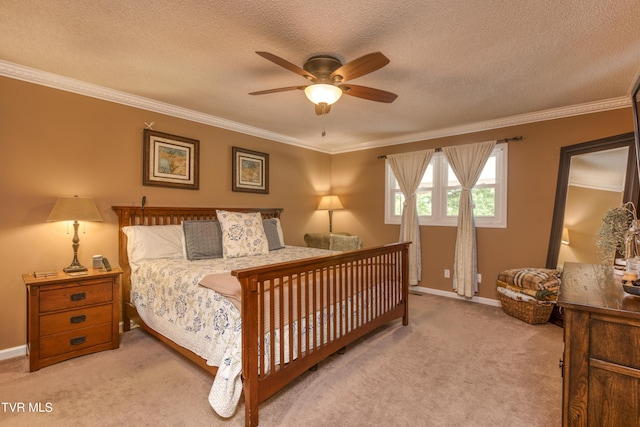22319 Campground Rd, Bristol, VA 24202 - bedroom with carpet, ornamental molding, a textured ceiling, baseboards, and a ceiling fan