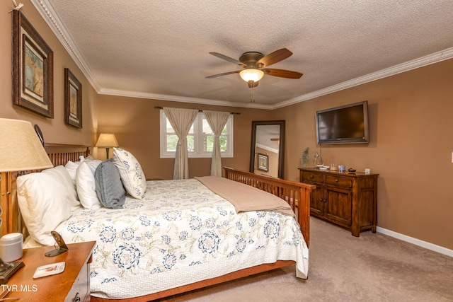 22319 Campground Rd, Bristol, VA 24202 - bedroom with light carpet, crown molding, a textured ceiling, baseboards, and a ceiling fan