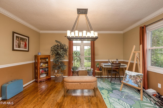 22319 Campground Rd, Bristol, VA 24202 - sitting room with wood finished floors, a textured ceiling, a chandelier, ornamental molding, and baseboards