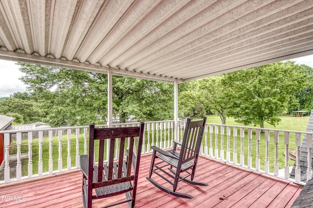 22319 Campground Rd, Bristol, VA 24202 - wooden deck with a lawn and view of wooded area