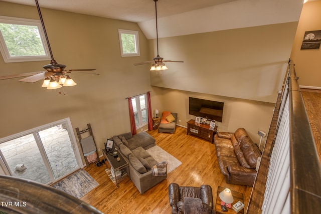 22319 Campground Rd, Bristol, VA 24202 - living area with ceiling fan, wood finished floors, baseboards, and high vaulted ceiling
