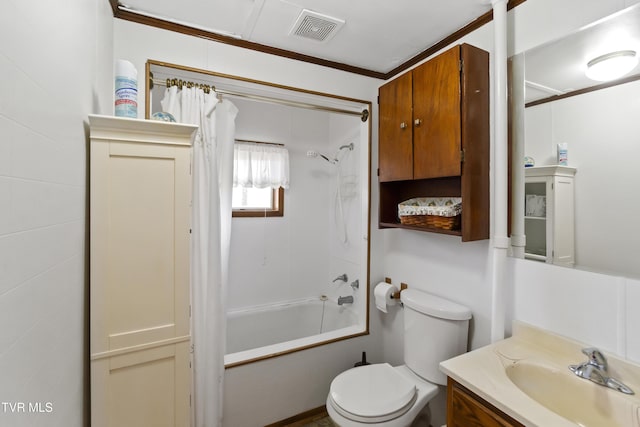 1730 Baileyton Main St, Greeneville, TN 37745 - full bath with shower / bath combination with curtain, vanity, toilet, and ornamental molding