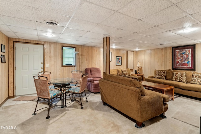 1402 Lake Ridge Sq, Johnson City, TN 37601 - carpeted living room featuring a drop ceiling and wooden walls