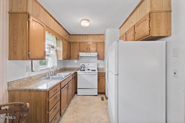 313 Peach Blossom Ct, Johnson City, TN 37604 - kitchen featuring white appliances, a sink, under cabinet range hood, brown cabinets, and light countertops