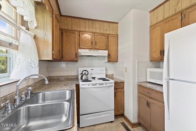 313 Peach Blossom Ct, Johnson City, TN 37604 - kitchen with white appliances, a sink, under cabinet range hood, and tasteful backsplash