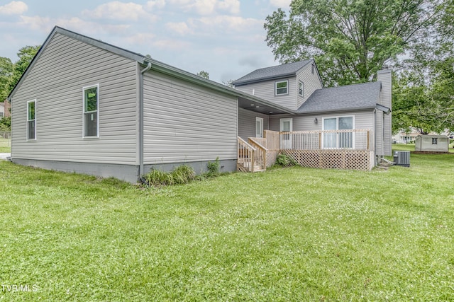 5 Loire Ct, Johnson City, TN 37604 - rear view of house with central AC, a chimney, a wooden deck, and a lawn