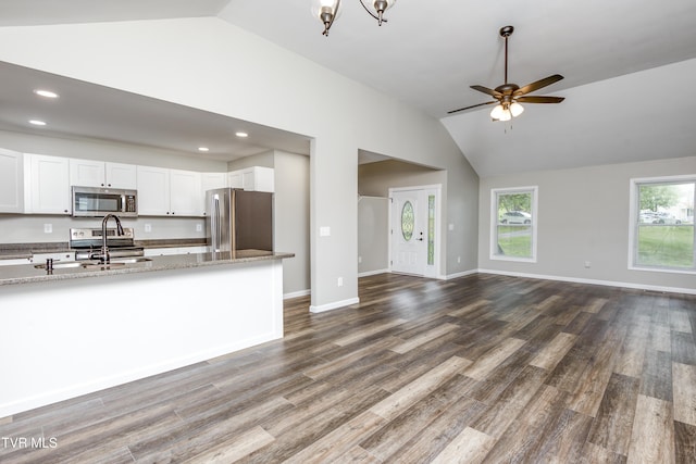 5 Loire Ct, Johnson City, TN 37604 - kitchen featuring stainless steel appliances, lofted ceiling, open floor plan, white cabinets, and dark wood finished floors
