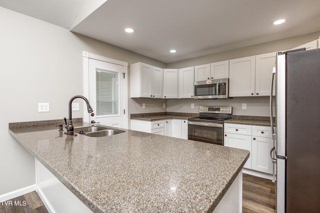 5 Loire Ct, Johnson City, TN 37604 - kitchen with stainless steel appliances, a sink, a peninsula, dark wood-style flooring, and recessed lighting