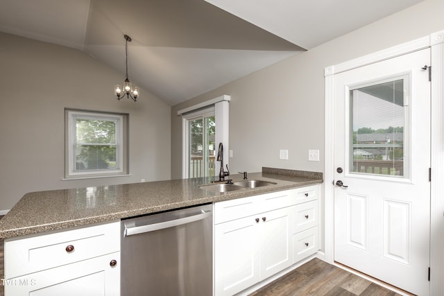 5 Loire Ct, Johnson City, TN 37604 - kitchen featuring stainless steel dishwasher, a sink, dark wood-style floors, white cabinets, and a chandelier
