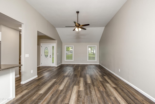 5 Loire Ct, Johnson City, TN 37604 - unfurnished living room featuring a ceiling fan, dark wood-style flooring, baseboards, and vaulted ceiling