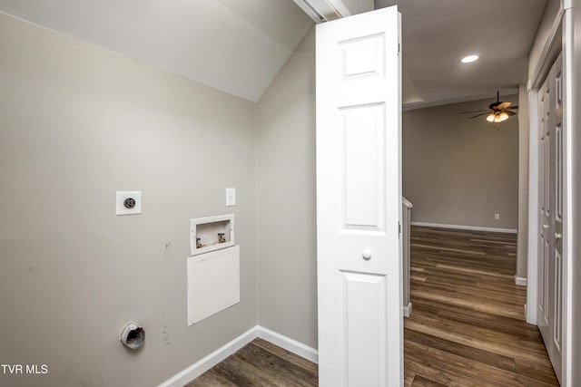 5 Loire Ct, Johnson City, TN 37604 - laundry room featuring electric dryer hookup, hookup for a washing machine, a ceiling fan, dark wood-style floors, and baseboards