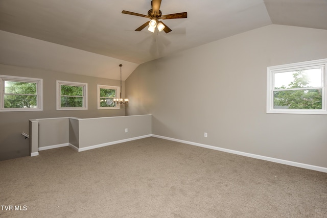 5 Loire Ct, Johnson City, TN 37604 - carpeted empty room featuring vaulted ceiling, a chandelier, a ceiling fan, and baseboards