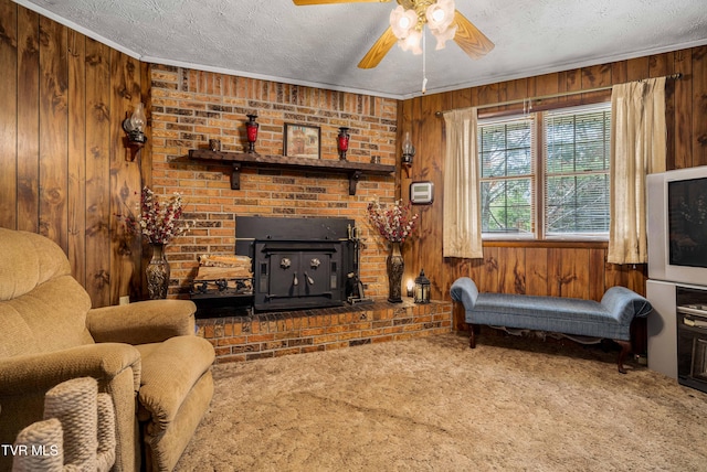 293 Miller Rd, Jonesborough, TN 37659 - carpeted living area featuring wooden walls, a ceiling fan, a textured ceiling, and a wood stove