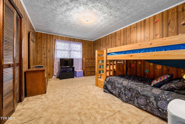 293 Miller Rd, Jonesborough, TN 37659 - bedroom with carpet floors, wood walls, crown molding, and a textured ceiling