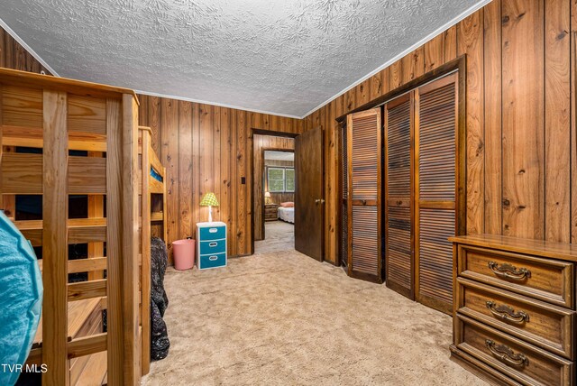 293 Miller Rd, Jonesborough, TN 37659 - unfurnished bedroom with carpet floors, wood walls, a textured ceiling, a closet, and crown molding