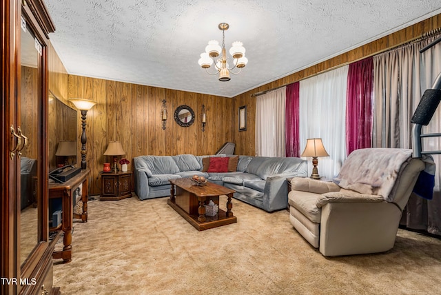 293 Miller Rd, Jonesborough, TN 37659 - living area featuring a textured ceiling, a chandelier, wooden walls, and light carpet