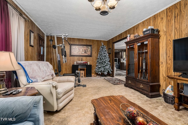 293 Miller Rd, Jonesborough, TN 37659 - carpeted living room featuring wooden walls, a textured ceiling, a chandelier, and ornamental molding