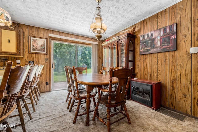 293 Miller Rd, Jonesborough, TN 37659 - dining area with wood walls, carpet floors, and a textured ceiling