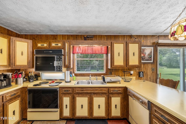 293 Miller Rd, Jonesborough, TN 37659 - kitchen featuring white appliances, a sink, wood walls, light countertops, and ornamental molding