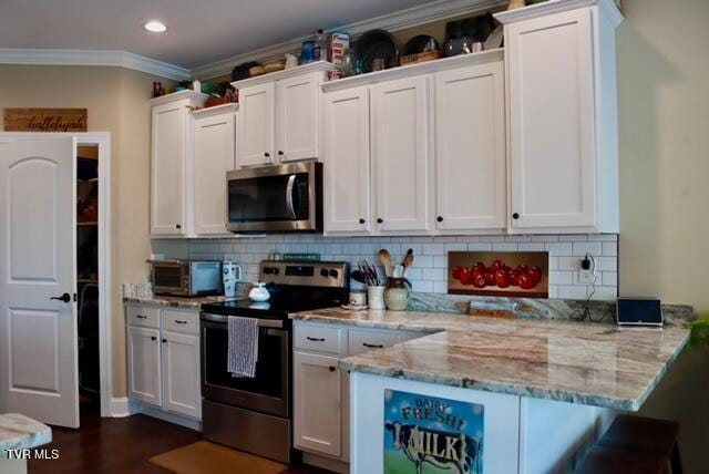 110 Rhetts Way, Jonesborough, TN 37659 - kitchen featuring stainless steel appliances, a peninsula, white cabinetry, crown molding, and recessed lighting