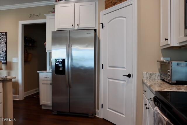 110 Rhetts Way, Jonesborough, TN 37659 - kitchen featuring stainless steel fridge with ice dispenser, dark wood-style flooring, white cabinetry, ornamental molding, and light stone countertops