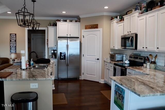 110 Rhetts Way, Jonesborough, TN 37659 - kitchen featuring stainless steel appliances, a sink, dark wood-type flooring, light stone counters, and backsplash