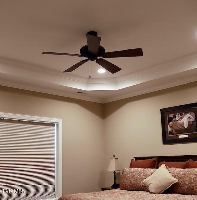 110 Rhetts Way, Jonesborough, TN 37659 - bedroom with ornamental molding, a raised ceiling, a ceiling fan, and recessed lighting