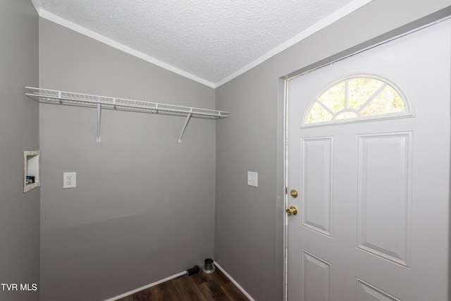 123 Griffin Dr, Dandridge, TN 37725 - washroom with dark wood-type flooring, a textured ceiling, hookup for a washing machine, crown molding, and baseboards