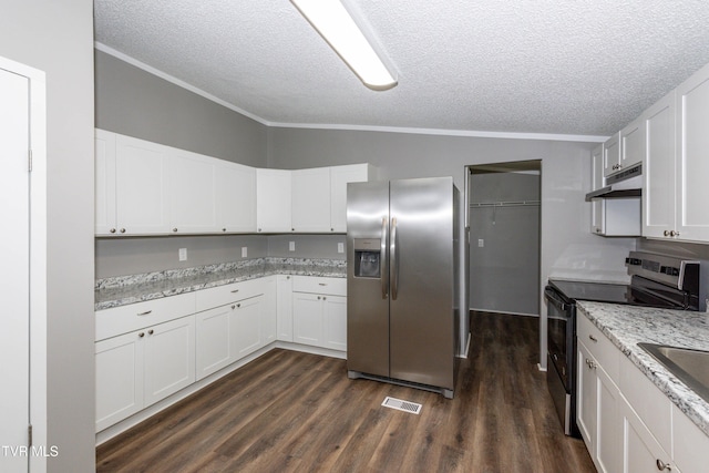 123 Griffin Dr, Dandridge, TN 37725 - kitchen with stainless steel appliances, under cabinet range hood, a textured ceiling, crown molding, and dark wood-type flooring