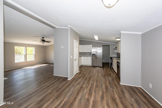 123 Griffin Dr, Dandridge, TN 37725 - kitchen featuring stainless steel fridge with ice dispenser, open floor plan, ornamental molding, dark wood-type flooring, and a ceiling fan
