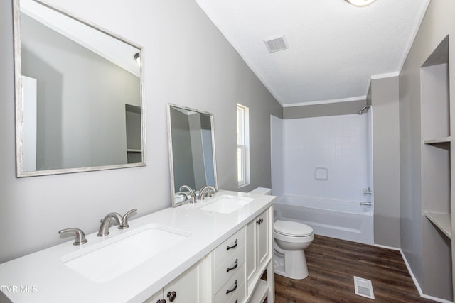 123 Griffin Dr, Dandridge, TN 37725 - full bathroom with toilet, double vanity, wood finished floors, bathtub / shower combination, and ornamental molding