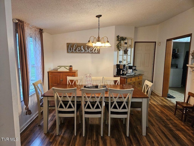 17508 Dreamers Ln, Glade Spring, VA 24340 - dining area featuring dark wood-type flooring, a textured ceiling, vaulted ceiling, a chandelier, and washer / clothes dryer