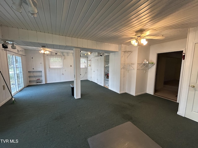 115 Butterfly Ct, Limestone, TN 37681 - unfurnished living room with carpet floors, a ceiling fan, baseboards, and wood ceiling