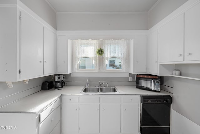 215 Clinchfield Ave, Erwin, TN 37650 - kitchen featuring a sink, black appliances, white cabinetry, light countertops, and crown molding