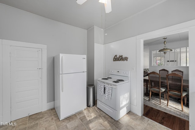 215 Clinchfield Ave, Erwin, TN 37650 - kitchen with white appliances, a ceiling fan, and stone finish flooring