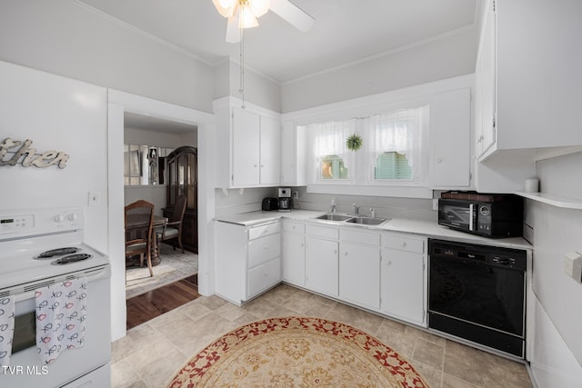 215 Clinchfield Ave, Erwin, TN 37650 - kitchen with black appliances, a sink, light countertops, ornamental molding, and white cabinets