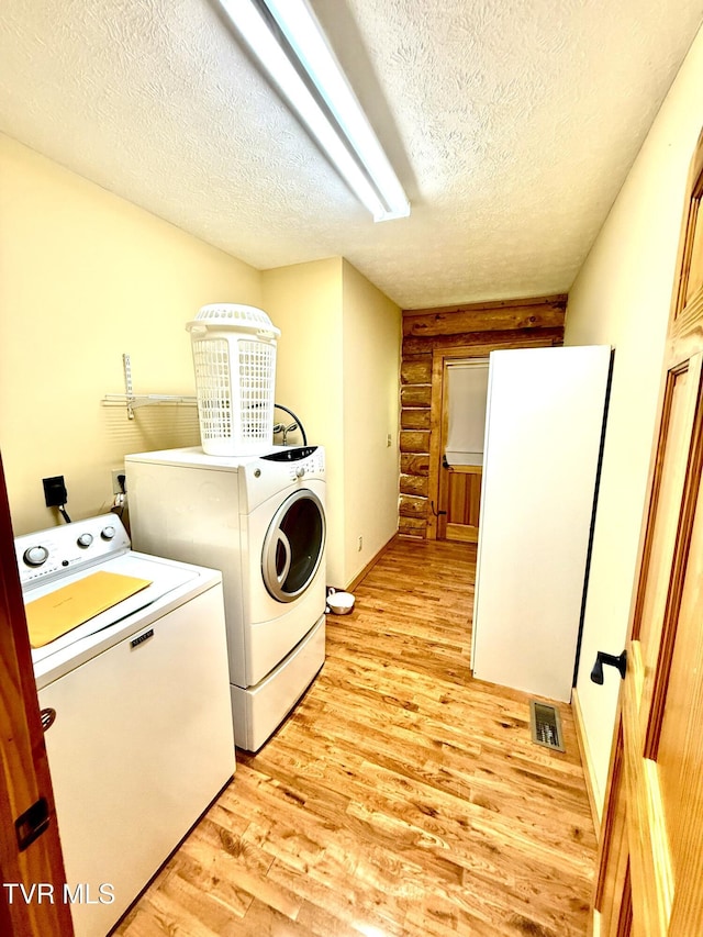 366 Judge Ben Allen Rd, Elizabethton, TN 37643 - laundry area with light wood-style flooring, washer and dryer, a textured ceiling, and log walls