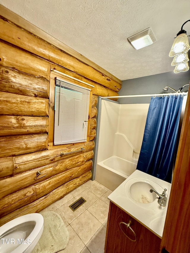 366 Judge Ben Allen Rd, Elizabethton, TN 37643 - full bath featuring rustic walls, vanity, toilet, shower / tub combo, and tile patterned flooring