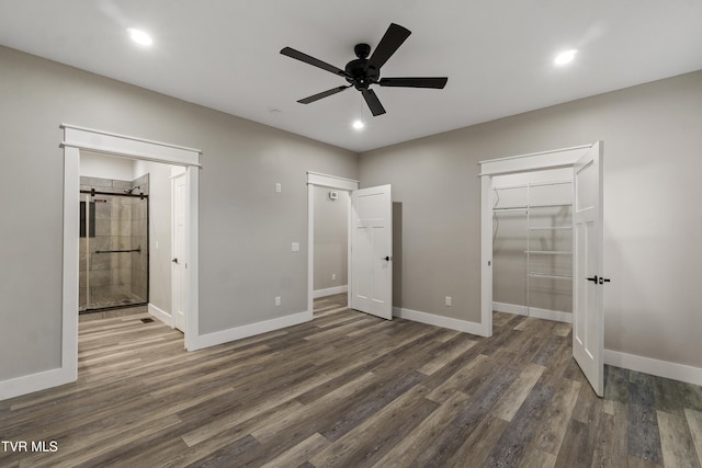 5980 Snapps Ferry Rd, Afton, TN 37616 - unfurnished bedroom featuring dark wood-style floors, recessed lighting, baseboards, a ceiling fan, and a closet