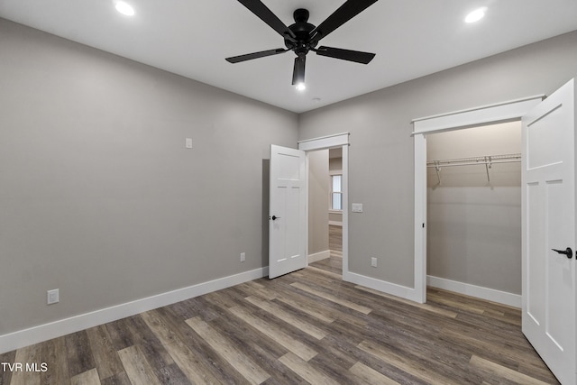 5980 Snapps Ferry Rd, Afton, TN 37616 - unfurnished bedroom with baseboards, recessed lighting, dark wood-style floors, a closet, and ceiling fan