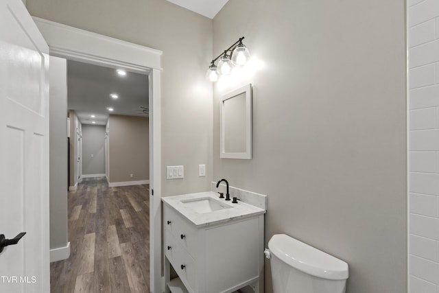 5980 Snapps Ferry Rd, Afton, TN 37616 - half bath with vanity, wood finished floors, toilet, recessed lighting, and baseboards
