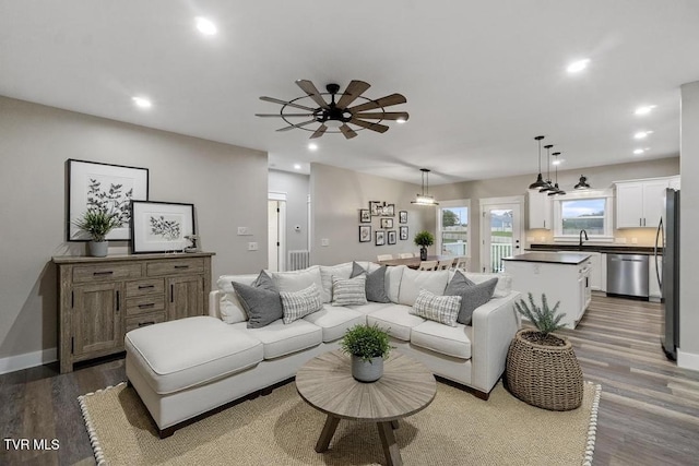 5980 Snapps Ferry Rd, Afton, TN 37616 - living area with wood finished floors, ceiling fan, recessed lighting, and baseboards